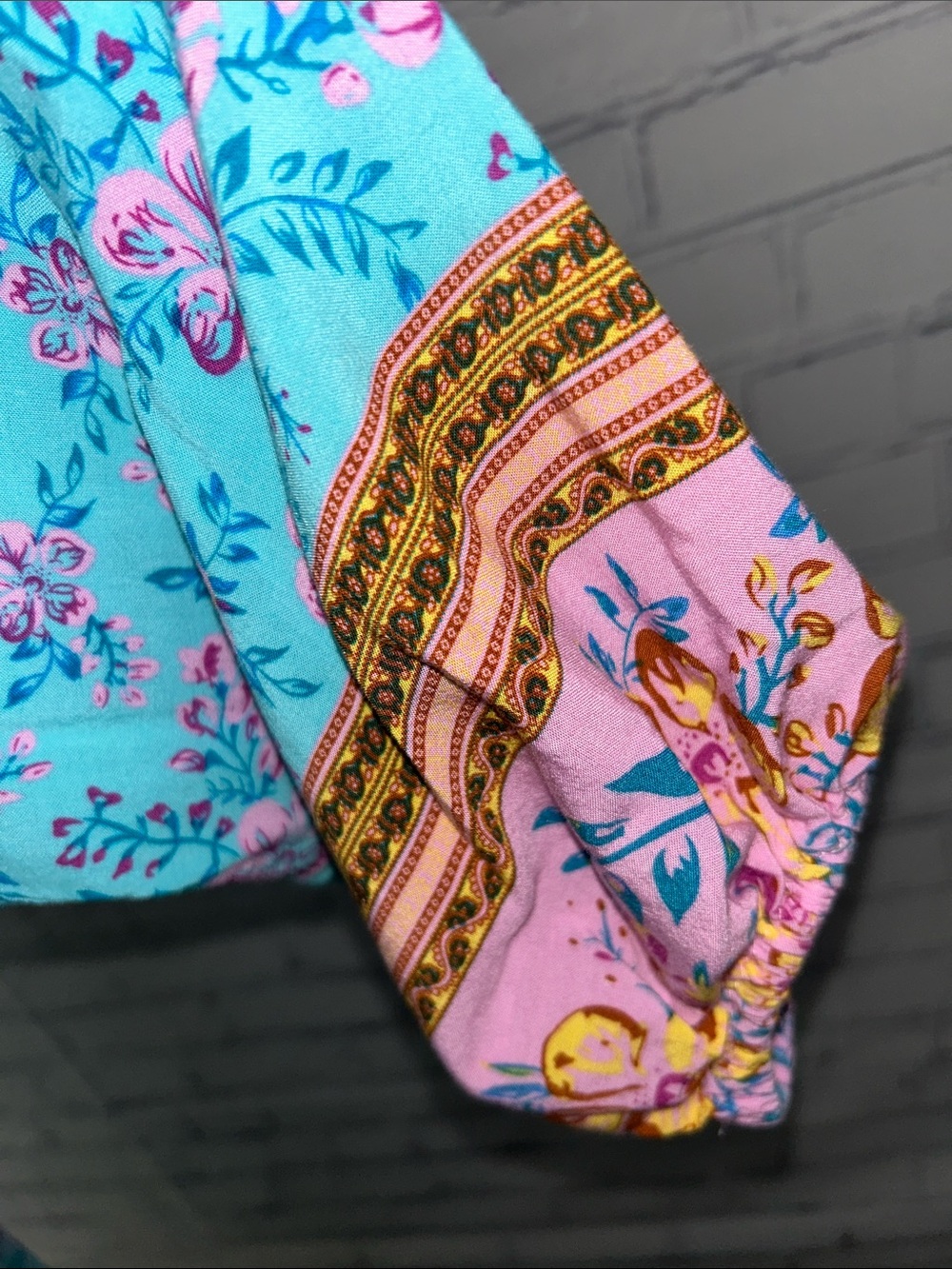 EUC R Vivimos Turquoise Floral Boho Maxi Dress with Pink Accent. Size Large - Picture 3 of 5